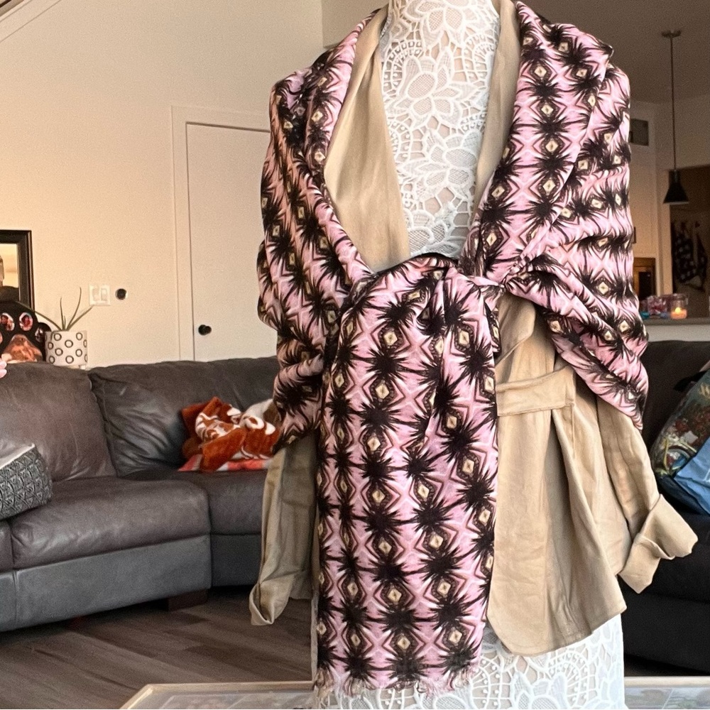 Scarf, pink, cream, black, and white